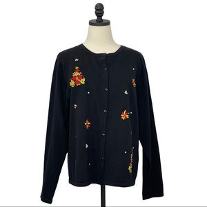 Poinsettia Christmas Tree Theme Cardigan Black with Red & Yellow Size XL